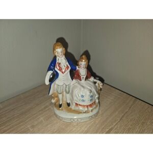 Vintage Occupied Japan Porcelain Colonial Couple Figurine Blue Red Gold Glazed
